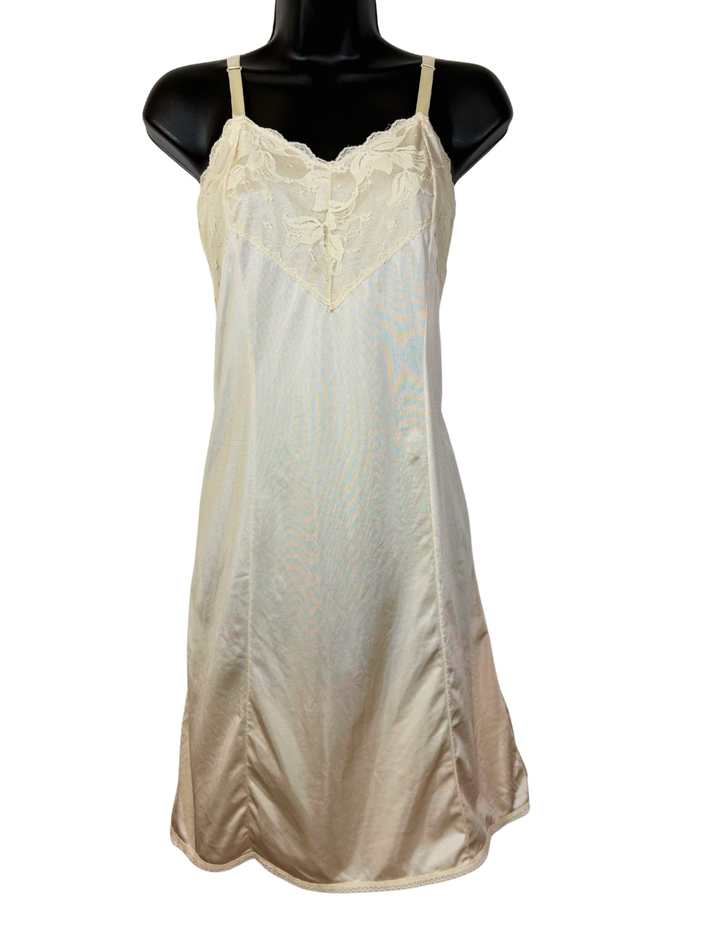 Full Slip Dress Vintage Ivory Lace Nylon Lingerie Size 36 Knee Length Retro USA